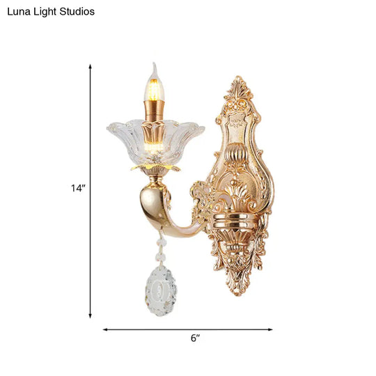 Vintage Crystal Glass Wall Sconce Light With Gold Finish - Retro Candlestick Mounted Half Bulb