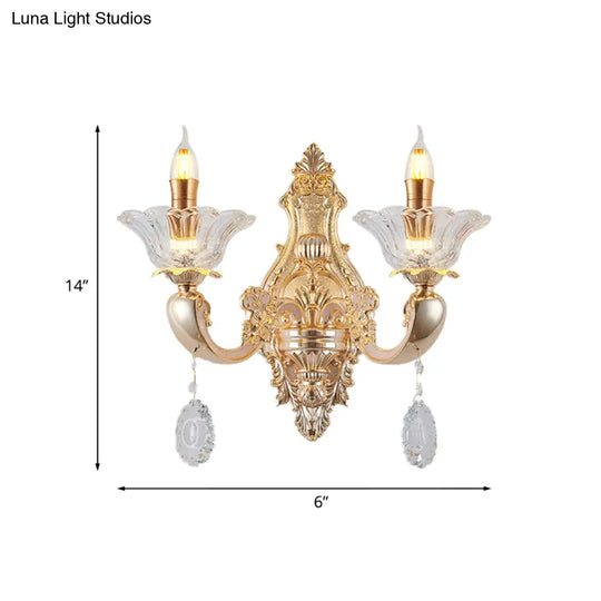 Vintage Crystal Glass Wall Sconce Light With Gold Finish - Retro Candlestick Mounted Half Bulb