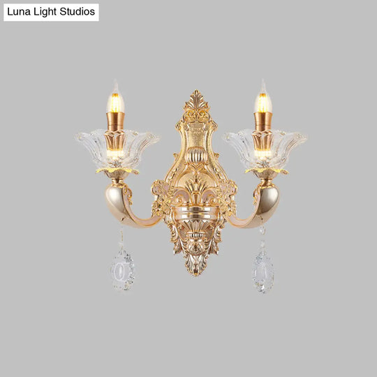 Vintage Crystal Glass Wall Sconce Light With Gold Finish - Retro Candlestick Mounted Half Bulb