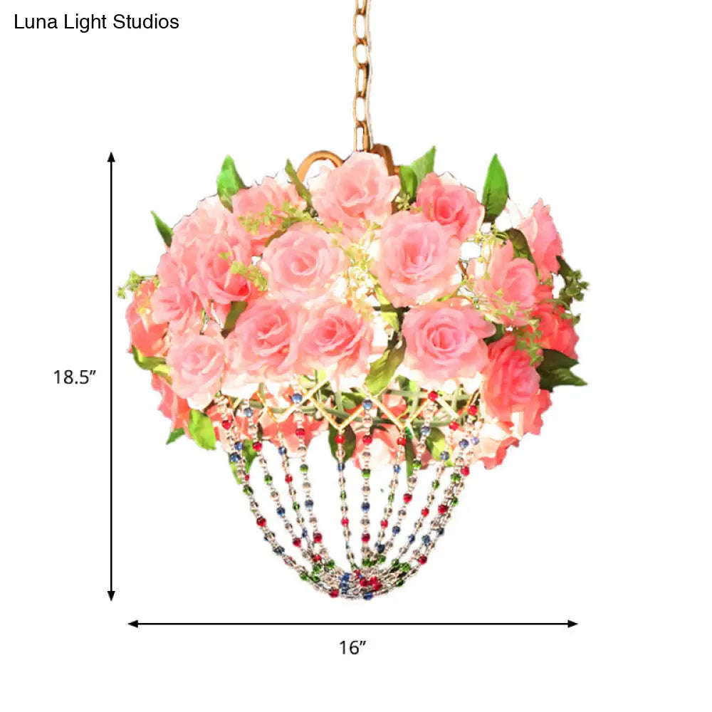 Vintage Crystal 1-Head Beaded Ceiling Lamp With Floral Design - Green/Pink For Restaurant Pendant