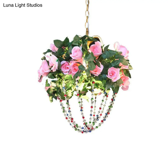 Vintage Crystal Pendant Ceiling Lamp - Green/Pink Beaded With Flower Decoration Ideal For