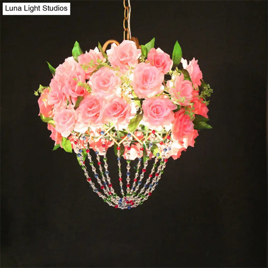 Vintage Crystal 1-Head Beaded Ceiling Lamp With Floral Design - Green/Pink For Restaurant Pendant