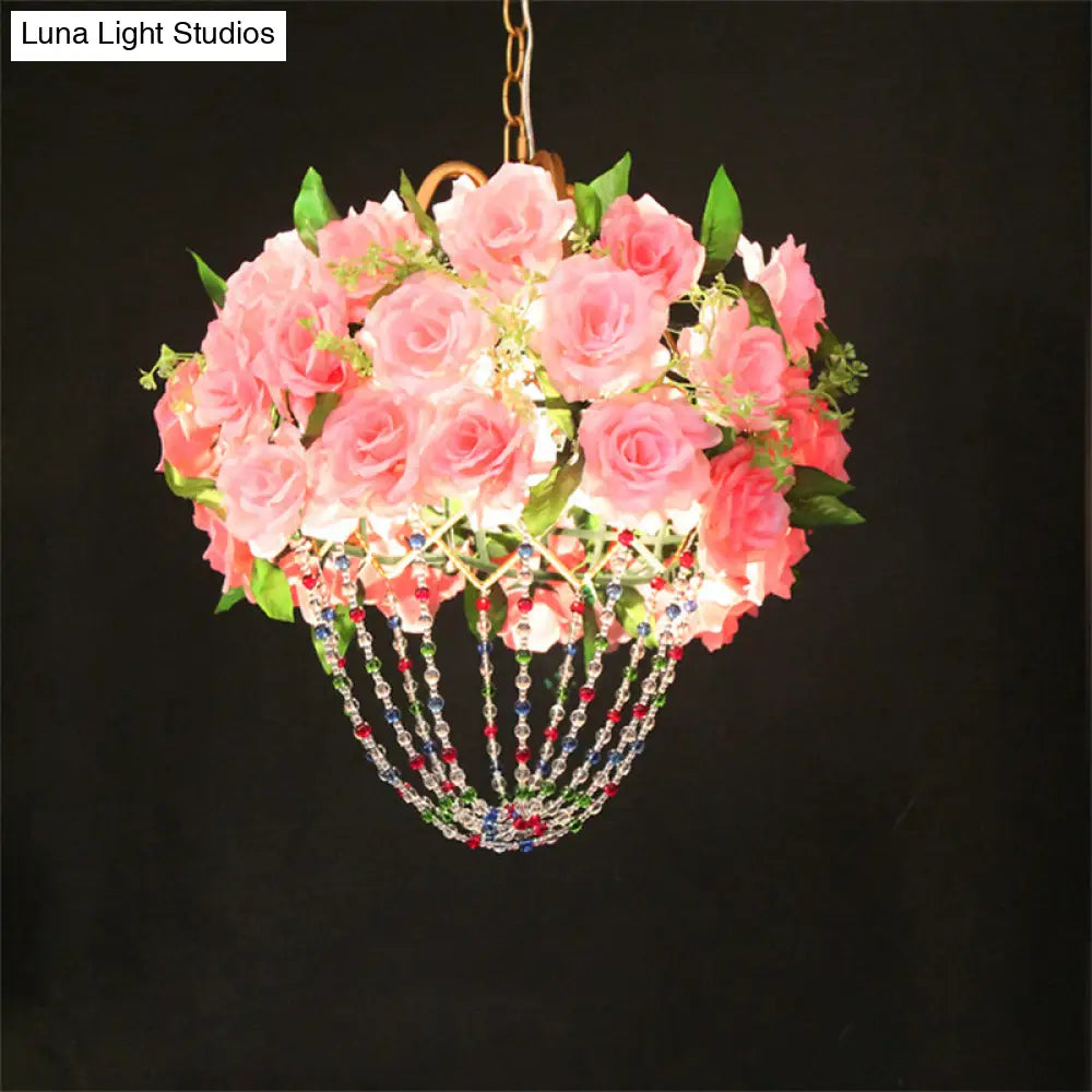 Vintage Crystal Pendant Ceiling Lamp - Green/Pink Beaded With Flower Decoration Ideal For