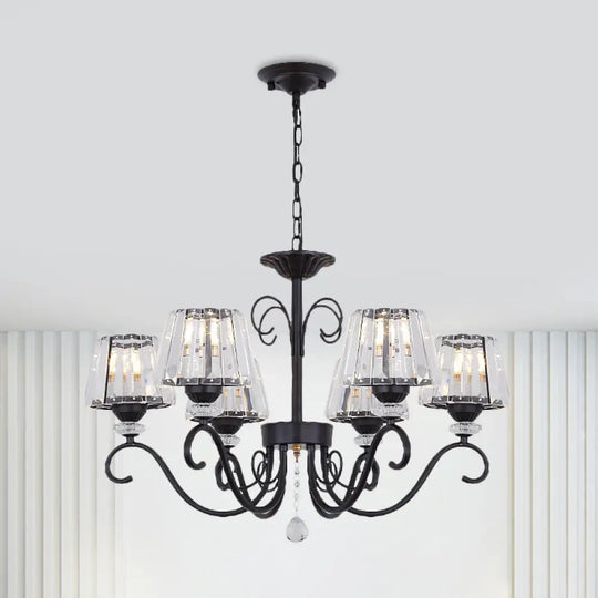 Vintage Crystal Prisms Chandelier With Conic Black Suspension Lighting - 3/6/8 Heads & Scroll Arm