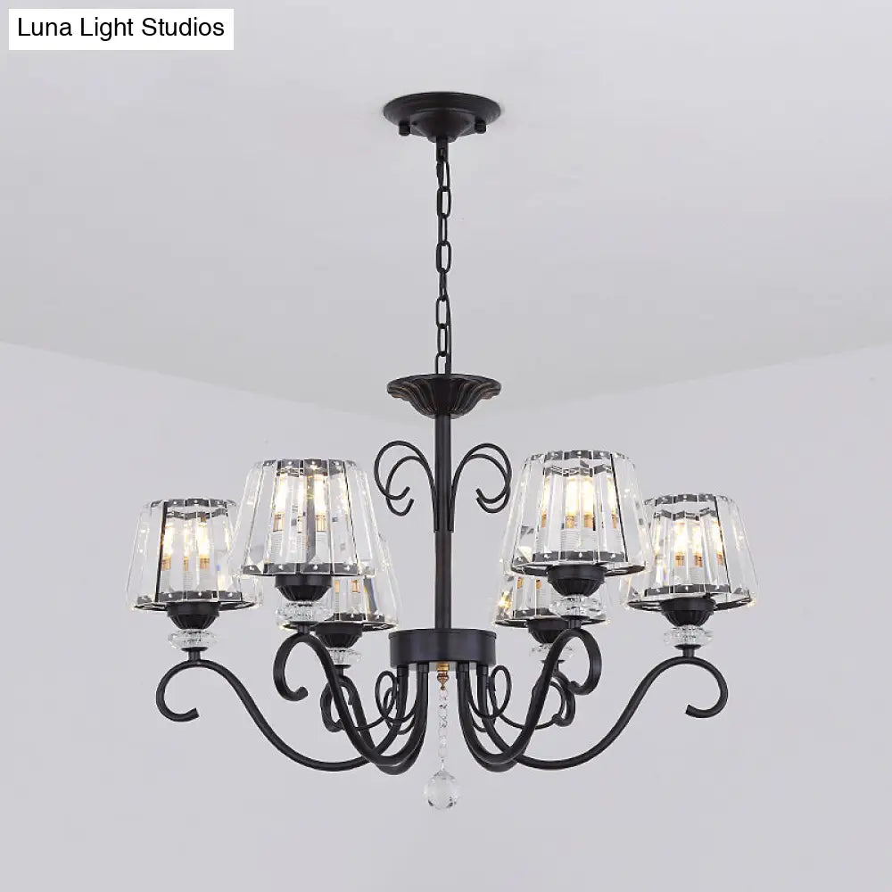 Vintage Crystal Prisms Chandelier With Conic Black Suspension Lighting - 3/6/8 Heads & Scroll Arm