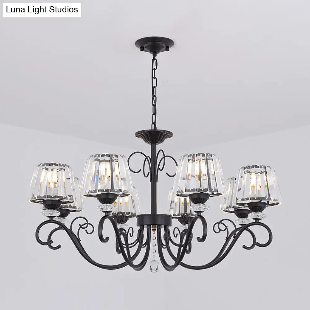 Vintage Crystal Prisms Chandelier With Conic Black Suspension Lighting - 3/6/8 Heads & Scroll Arm