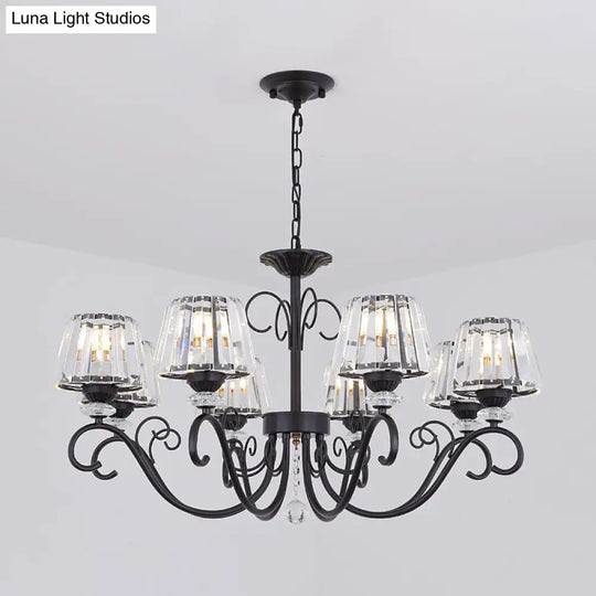 Vintage Crystal Prisms Chandelier With Conic Black Suspension Lighting - 3/6/8 Heads & Scroll Arm