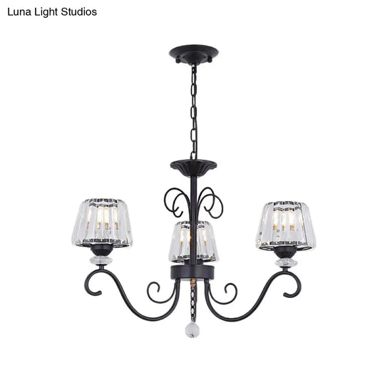 Vintage Crystal Prisms Chandelier With Conic Black Suspension Lighting - 3/6/8 Heads & Scroll Arm