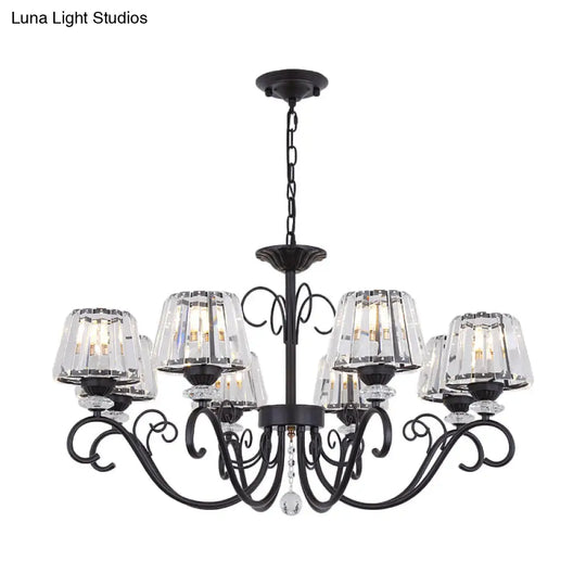 Vintage Crystal Prisms Chandelier With Conic Black Suspension Lighting - 3/6/8 Heads & Scroll Arm