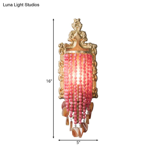 Vintage Crystal Wall Sconce With Pink Beaded Strand - 1 Light Bedside Mount