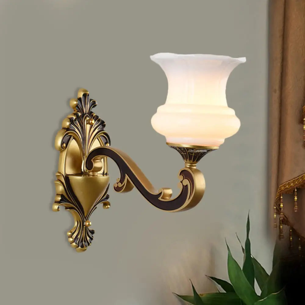 Vintage Curved Arm Brass Wall Lamp With Flower Milk Glass Shade 1 / B