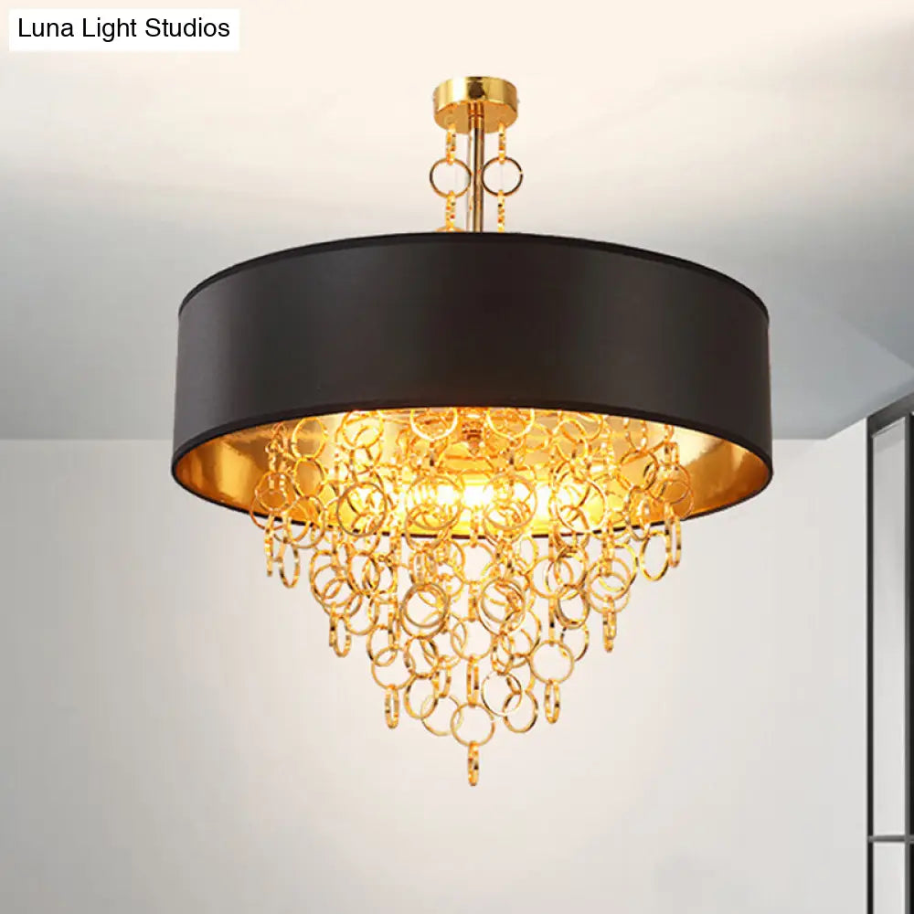 Vintage Cylinder Chandelier: 3-Light Fabric Pendant In Black With Gold Ring 18 And 23.5 Wide