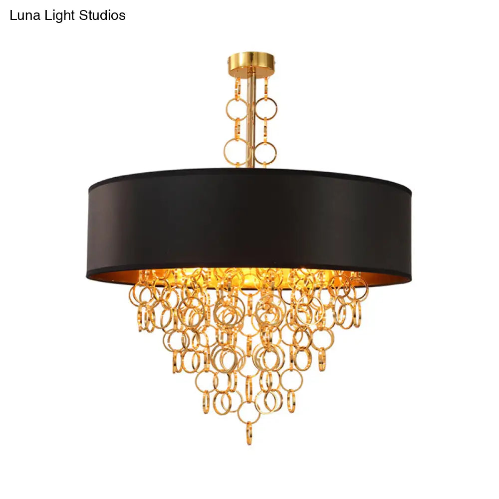 Vintage Cylinder Chandelier: 3-Light Fabric Pendant In Black With Gold Ring 18 And 23.5 Wide