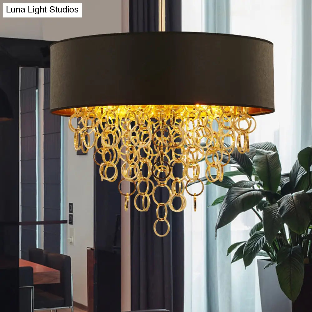 Vintage Cylinder Chandelier: 3-Light Fabric Pendant In Black With Gold Ring 18 And 23.5 Wide