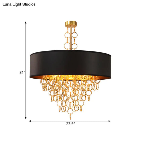 Vintage Cylinder Chandelier: 3-Light Fabric Pendant In Black With Gold Ring 18 And 23.5 Wide