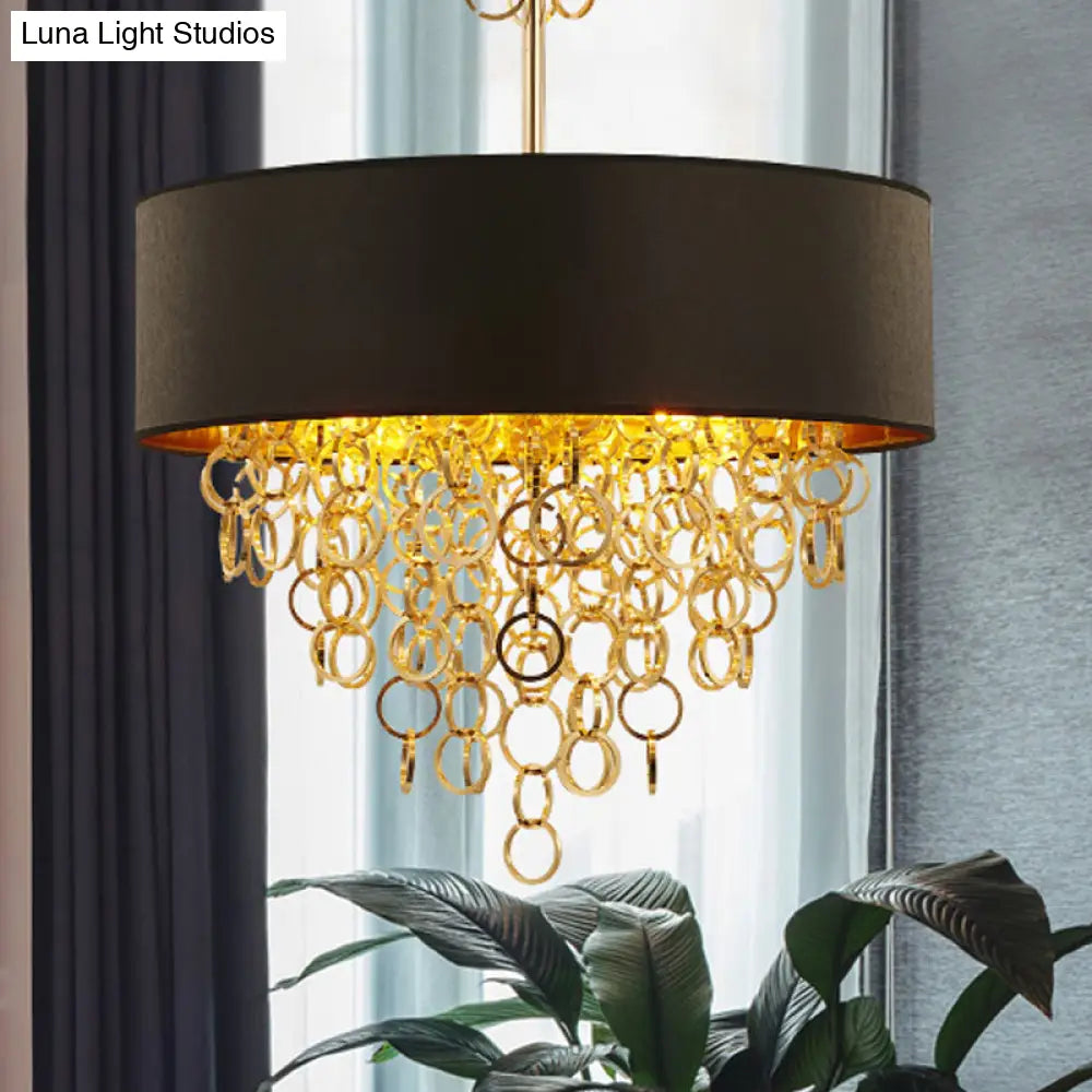 Vintage Cylinder Chandelier: 3-Light Fabric Pendant In Black With Gold Ring 18 And 23.5 Wide