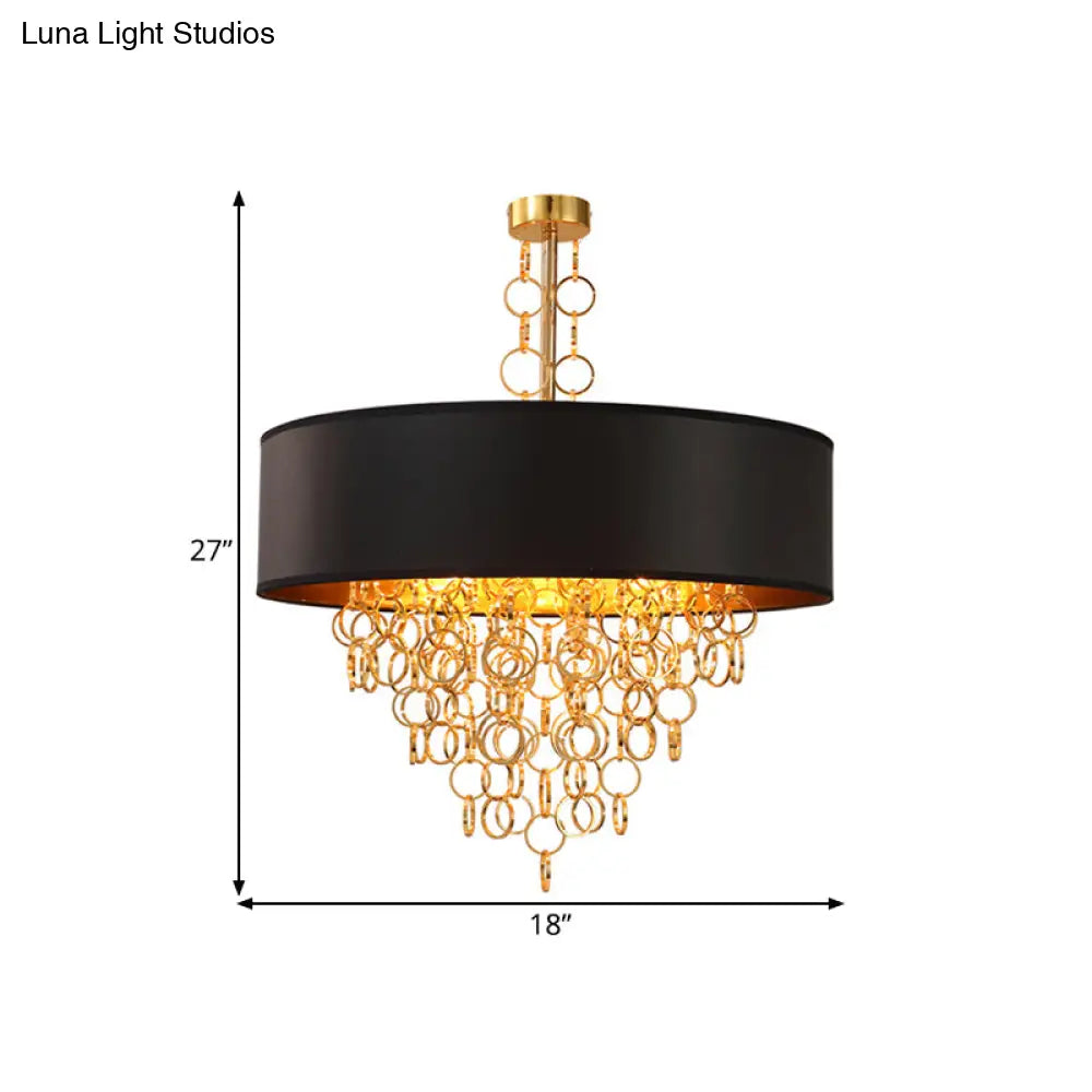 Vintage Cylinder Chandelier: 3-Light Fabric Pendant In Black With Gold Ring 18 And 23.5 Wide