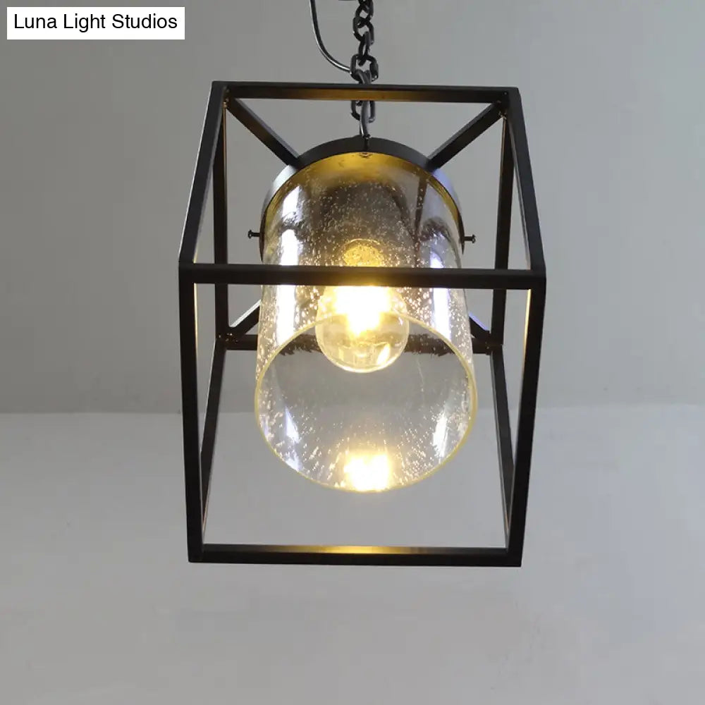 Vintage Cylinder Pendant Lamp With Clear Seeded Glass Drop Black Finish And Rectangle Cage