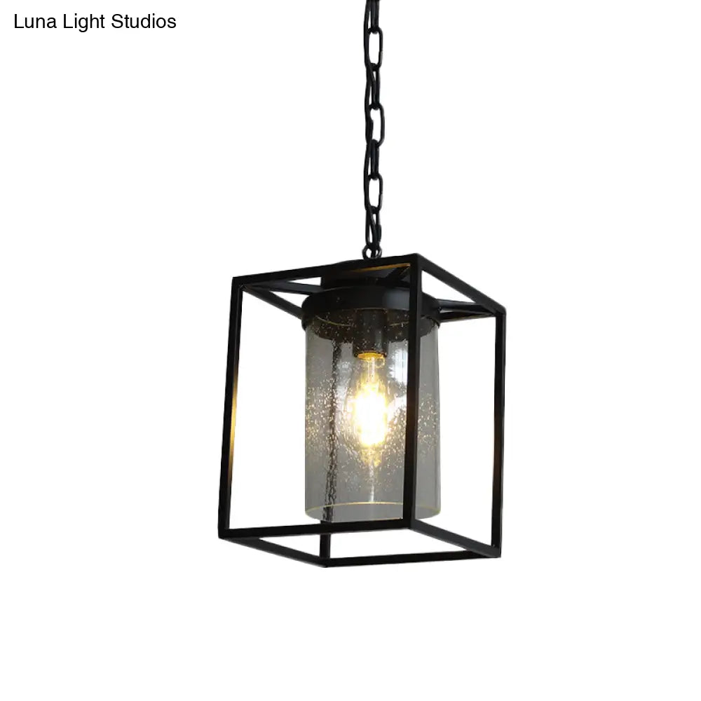 Vintage Cylinder Pendant Lamp With Clear Seeded Glass Drop Black Finish And Rectangle Cage