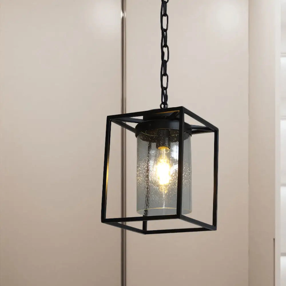 Vintage Cylinder Pendant Lamp With Clear Seeded Glass Drop Black Finish And Rectangle Cage