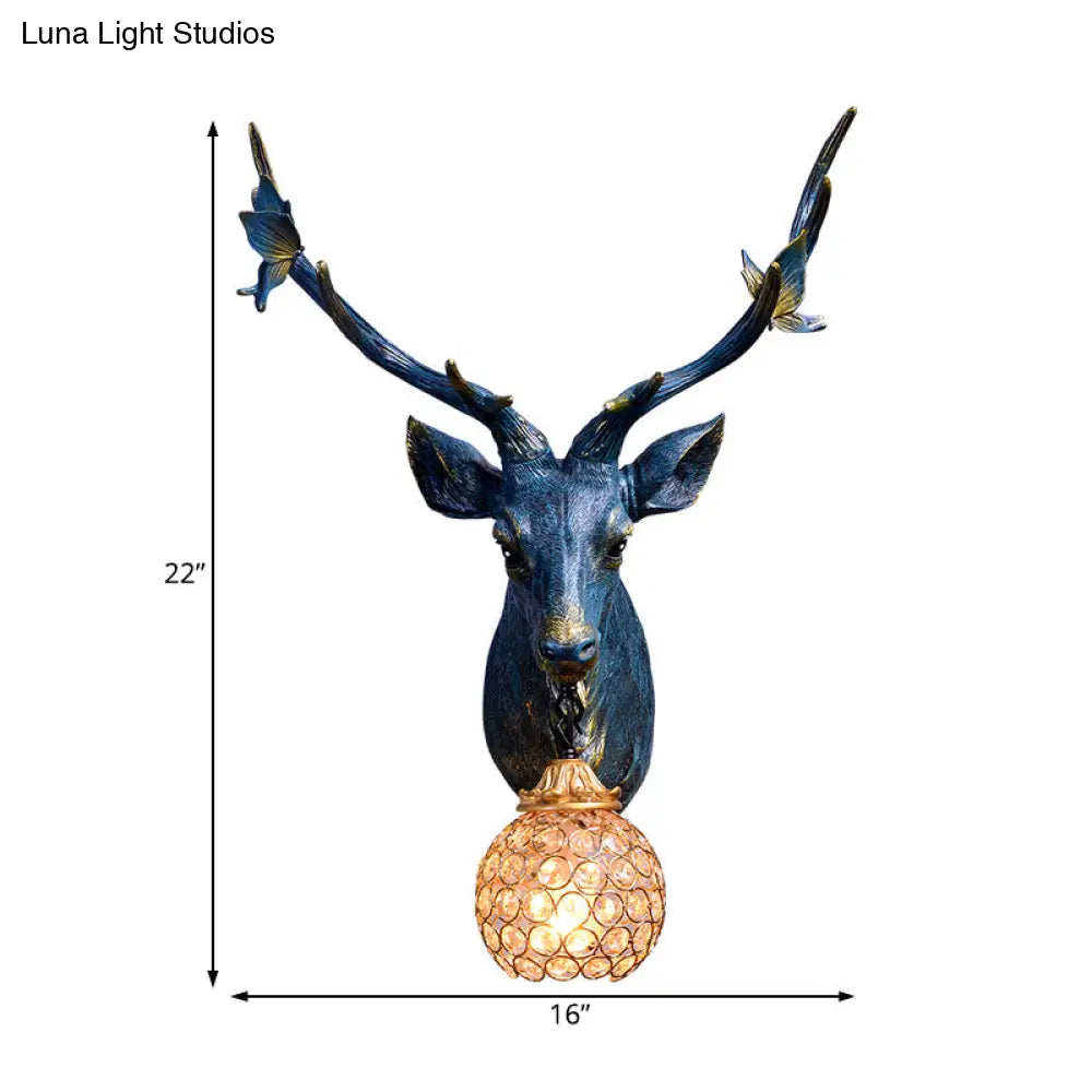 Vintage Deer Head Resin Sconce: Single Bulb Wall Mounted Lamp Blue/White/Wood Globe Crystal Shade