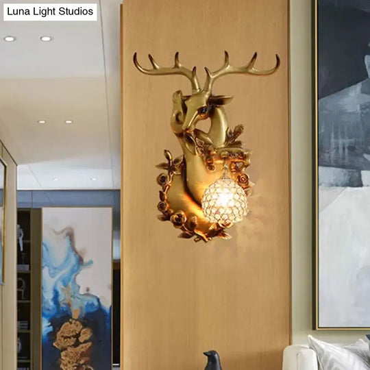 Vintage Deer Head Wall Sconce With Crystal Shade And Gold Accent Light