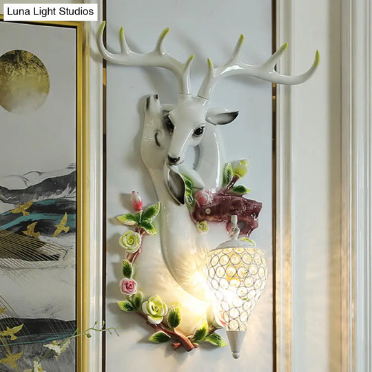 Vintage Deer Head Wall Sconce With Crystal Shade And Gold Accent Light