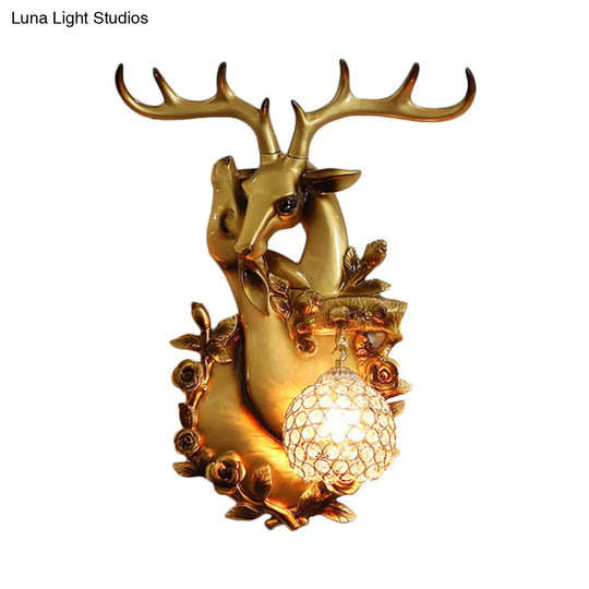 Vintage Deer Head Wall Sconce With Crystal Shade And Gold Accent Light