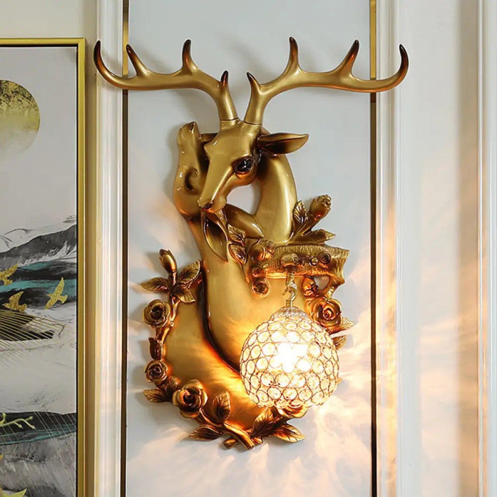 Vintage Deer Head Wall Sconce With Crystal Shade And Gold Accent Light