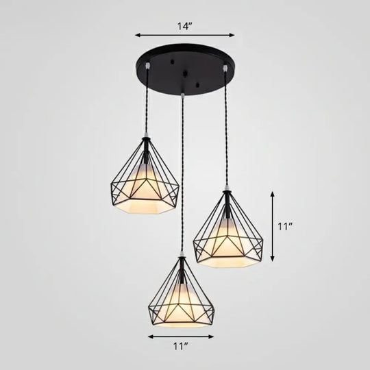 Vintage Diamond Cage Iron Suspension Light Fixture With 3 Bulbs - Restaurant Multi Ceiling Lamp