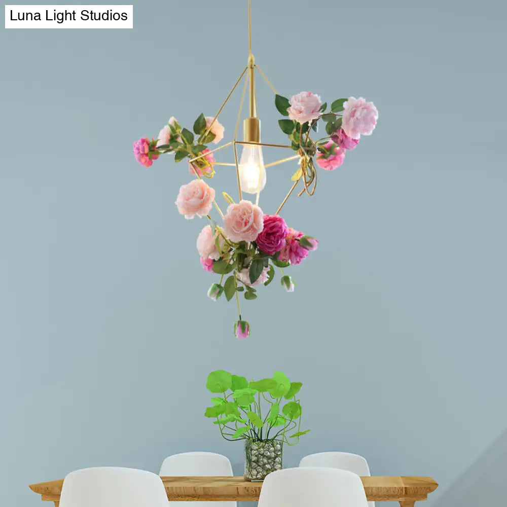 Vintage Gold Diamond Cage Pendant Light Kit - 14/18 H Dining Room Hanging Lamp With Fake Flower