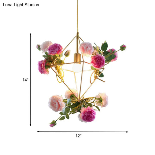 Vintage Gold Diamond Cage Pendant Light Kit - 14/18 H Dining Room Hanging Lamp With Fake Flower