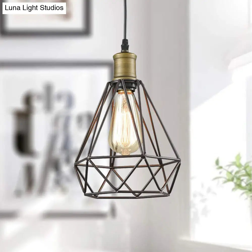 Vintage Diamond Caged Shade Pendant Light With Bronze Finish