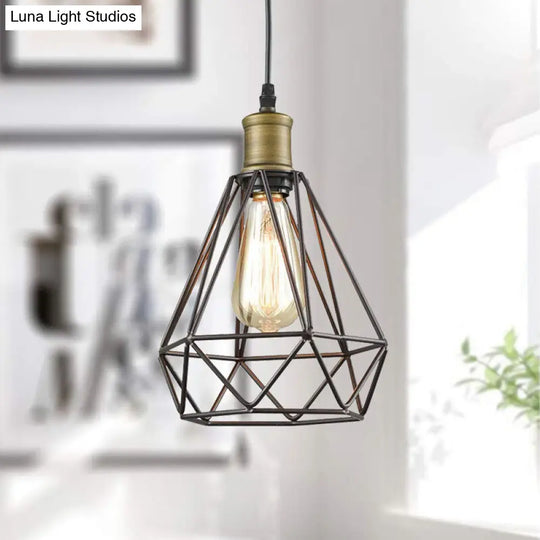 Vintage Bronze Metal Pendant Light With Diamond Caged Shade - Ceiling Hanging Fixture 1 Bulb