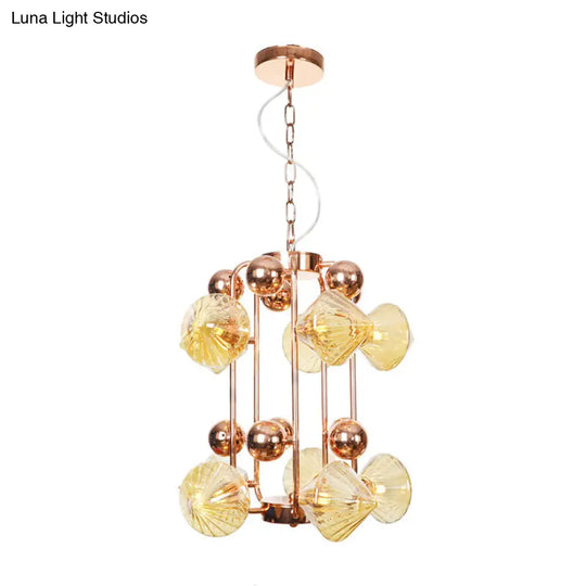 Diamond Vintage Glass Chandelier: Clear/Amber Ribbing 6/8/10 Bulbs Copper/Gold Finish Led Pendant