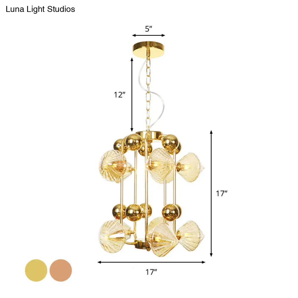 Vintage Diamond Chandelier With Ribbed Glass Shades - 6/8/10 Bulbs Copper/Gold Finish Led Pendant