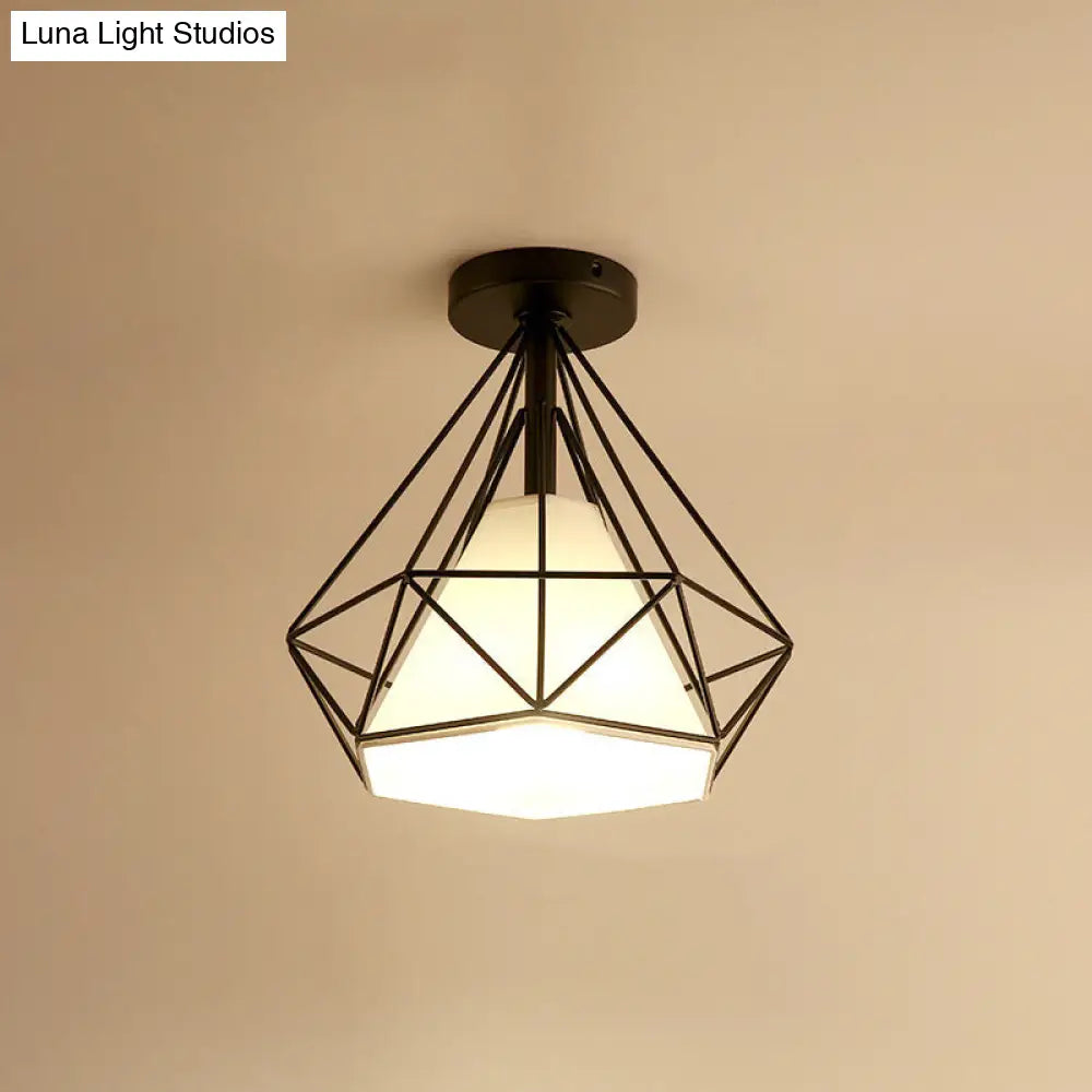 Vintage Diamond Shaped Metal Ceiling Light With Fabric Cone Shade - Single Flush Mount Fixture