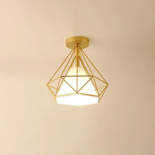 Vintage Diamond Shaped Metal Ceiling Light With Fabric Cone Shade - Single Flush Mount Fixture Gold