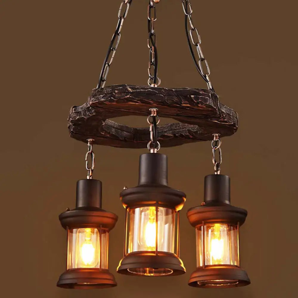 Vintage Distressed Wood Lantern Pendant Light With Clear Glass For Restaurants 3 /