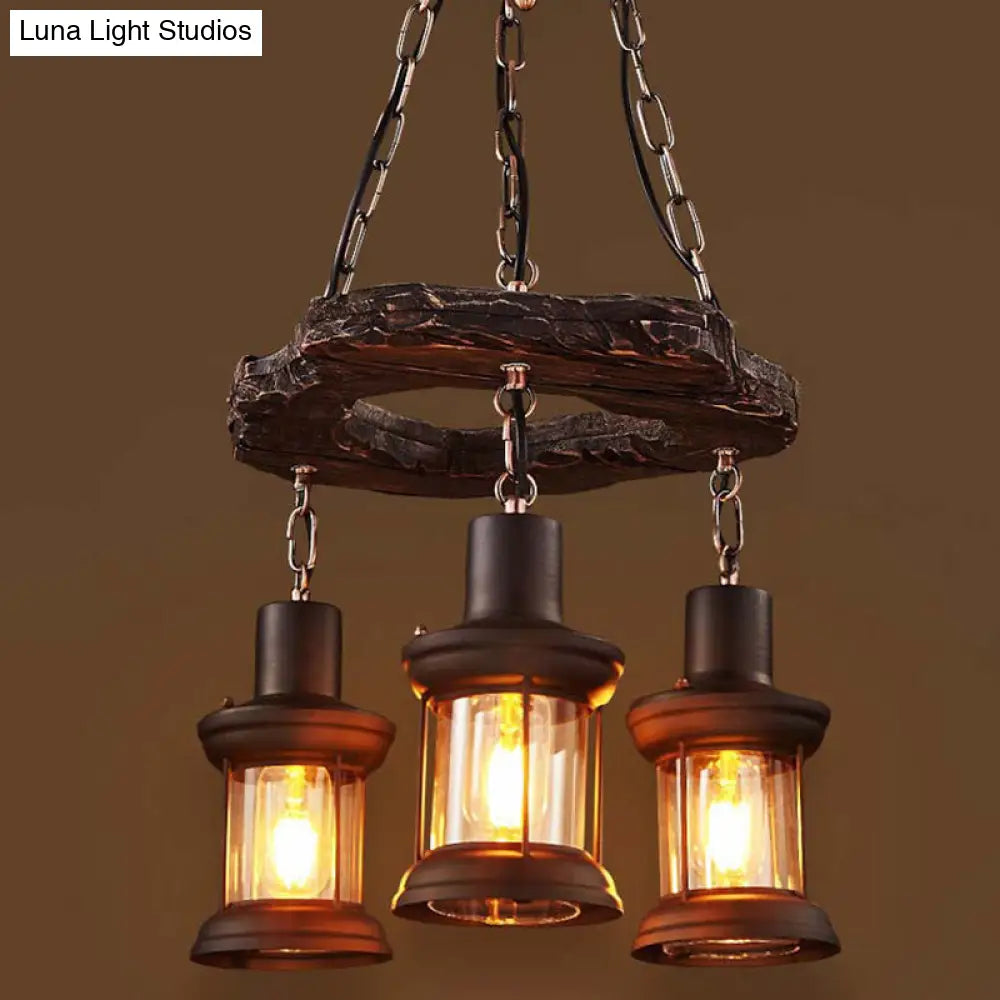 Vintage Distressed Wood Lantern Restaurant Chandelier With Clear Glass Suspension Light 3 /