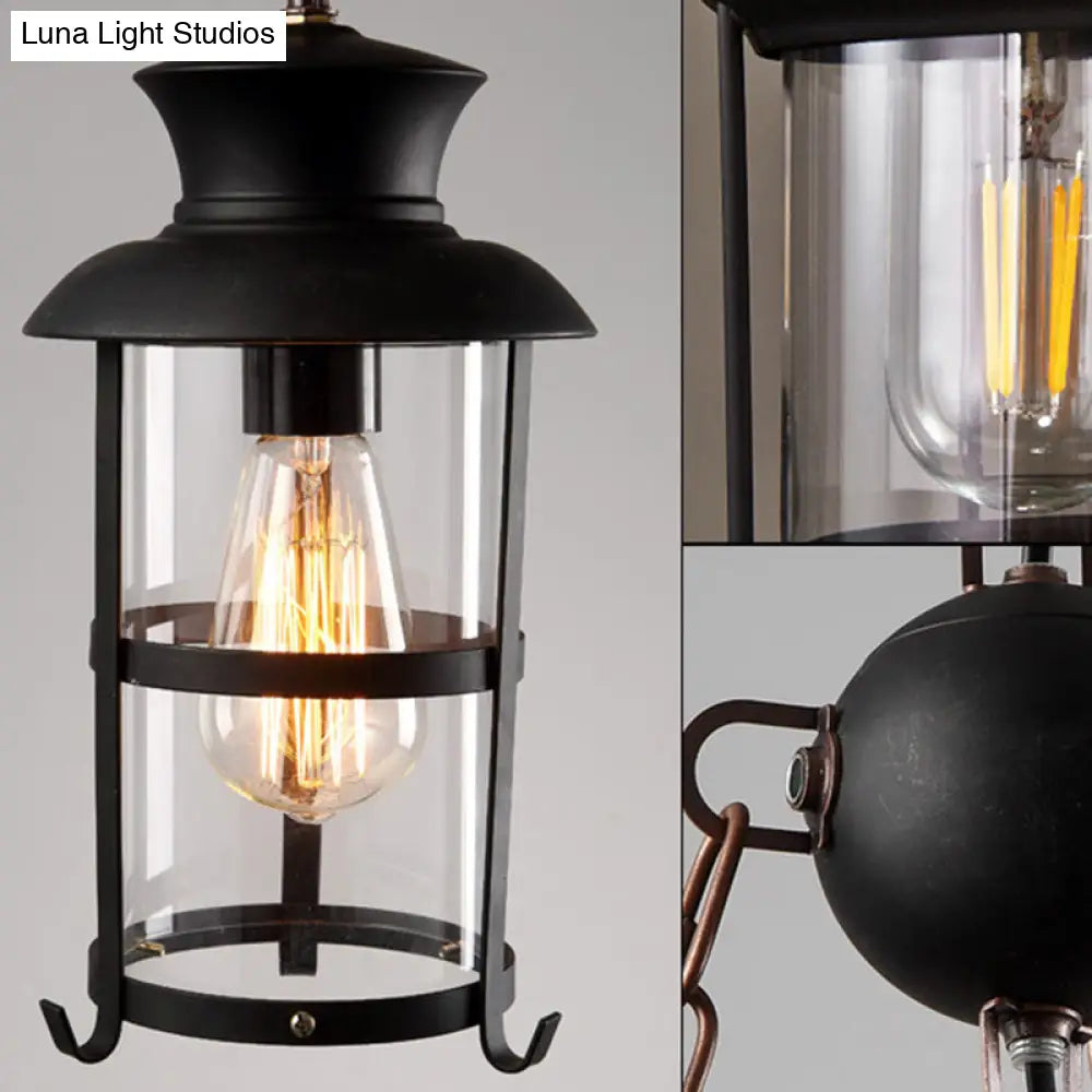 Vintage Distressed Wood Lantern Pendant Light With Clear Glass For Restaurants