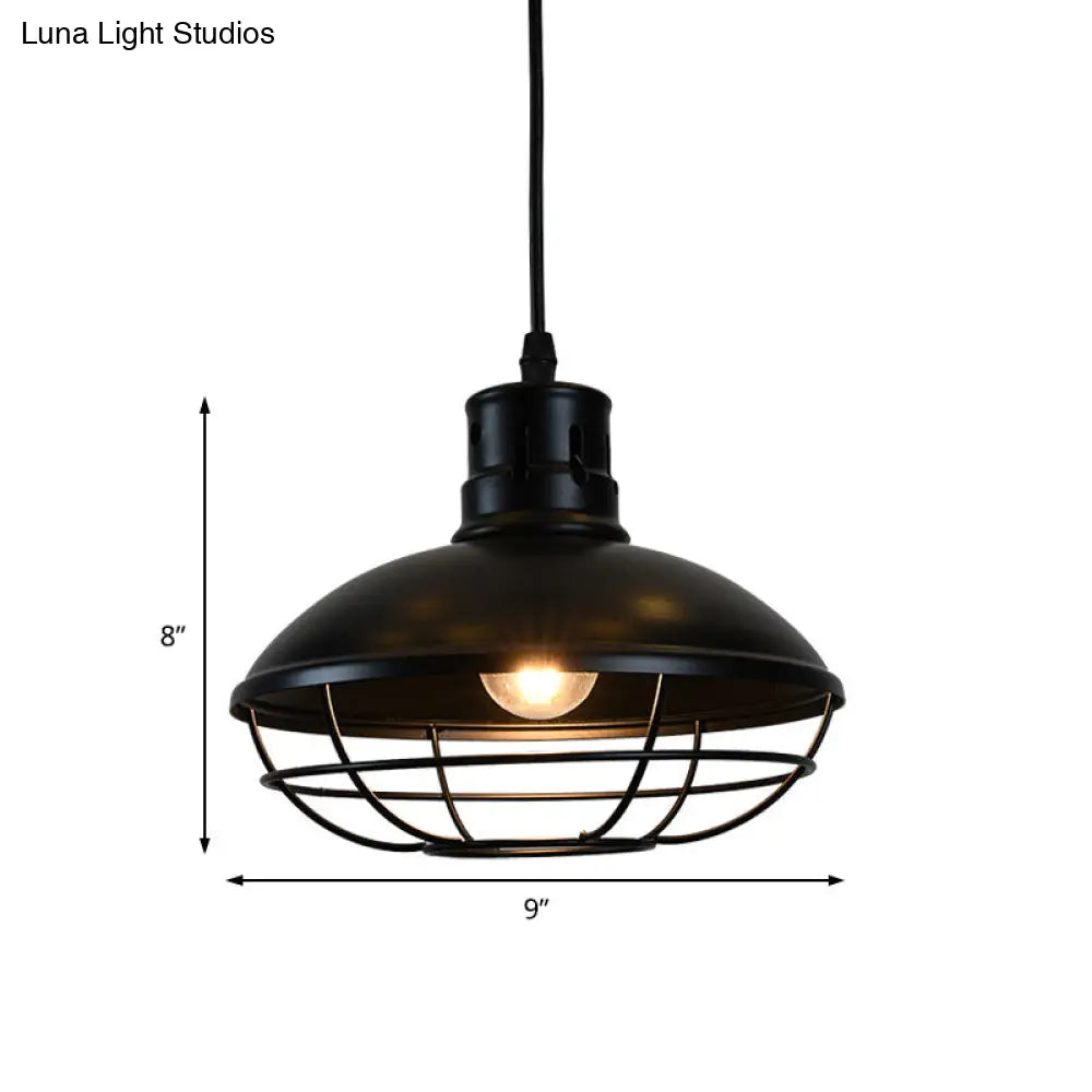 Vintage Dome Caged Metal Pendant Lamp - Kitchen Island Hanging Light Fixture (Black) 1 Bulb Solution