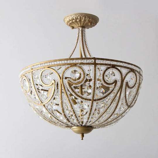 Vintage Dome Crystal Bead Ceiling Light In Gold - Semi Flush 5 Bulbs Living Room Fixture