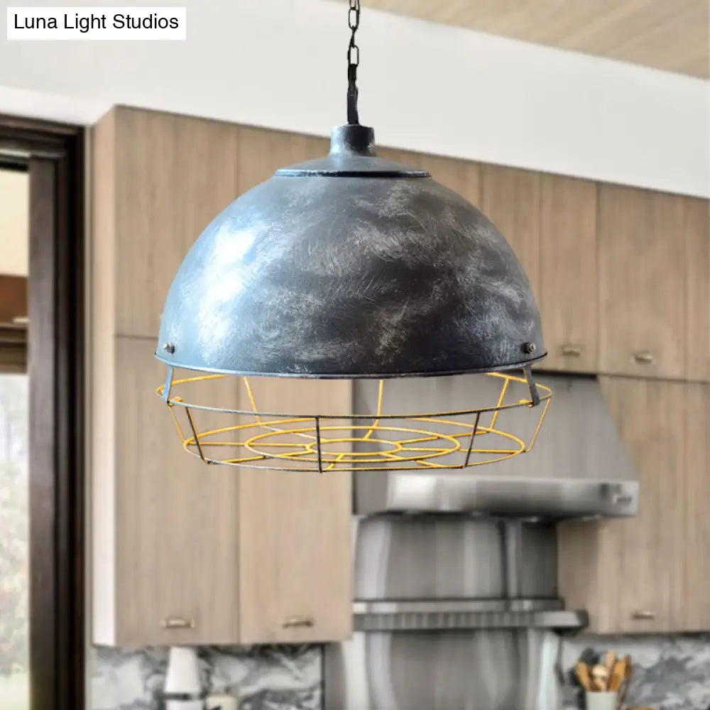 Vintage Dome Pendant Lamp - Iron Hanging Light Fixture For Dining Room In Black/Aged Silver