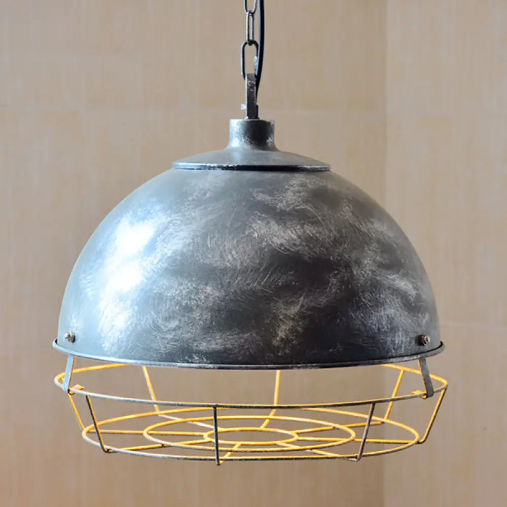 Vintage Dome Pendant Lamp - 1 Head Iron Hanging Light Fixture In Black/Silver For Dining Room Aged