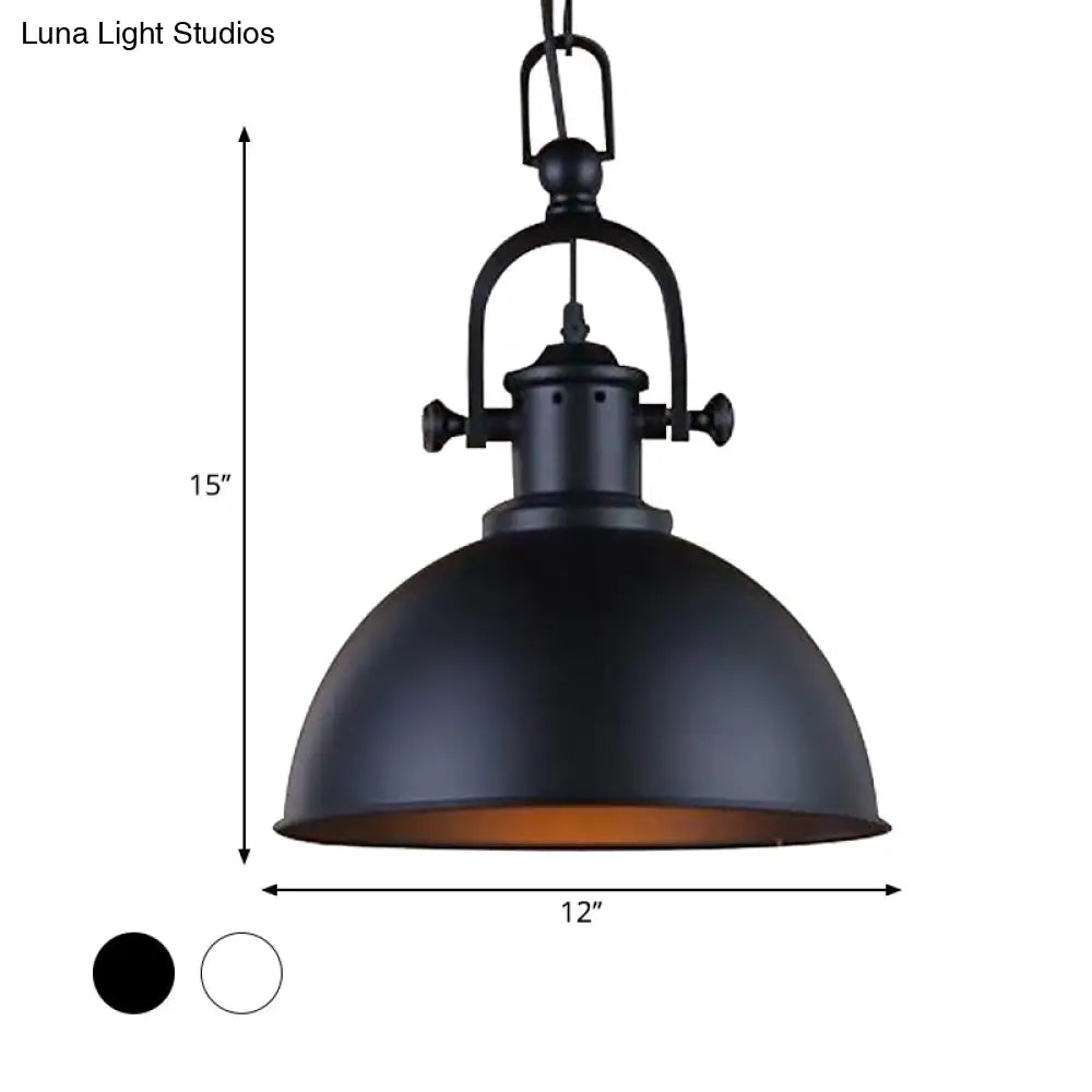 Vintage Dome Pendant Light In Black/White - Metal Hanging Lamp For Dining Room