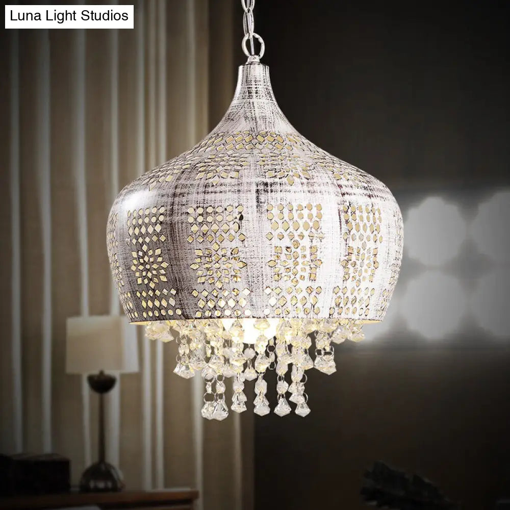 Distressed White Vintage Dome Ceiling Pendant With Crystal Deco Wrought Iron And Pierced Design