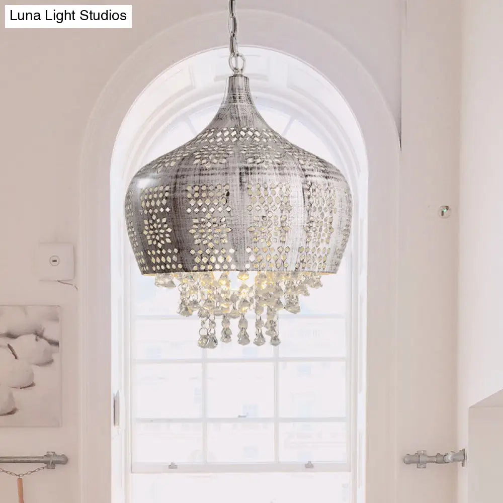 Vintage Dome Pendant Light With Crystal Deco And Pierced Design - Distressed White