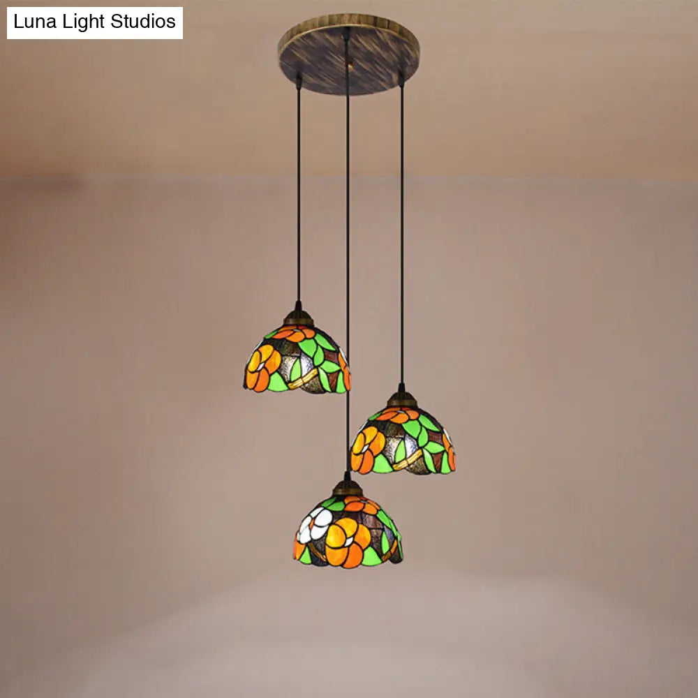 Vintage Dome Shade Stained Art Glass Multi-Light Pendant With 3 Orange Bulbs - Stylish Hanging