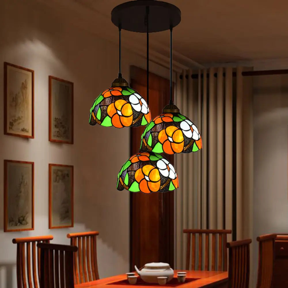 Vintage Dome Shade Stained Art Glass Multi-Light Pendant With 3 Orange Bulbs - Stylish Hanging